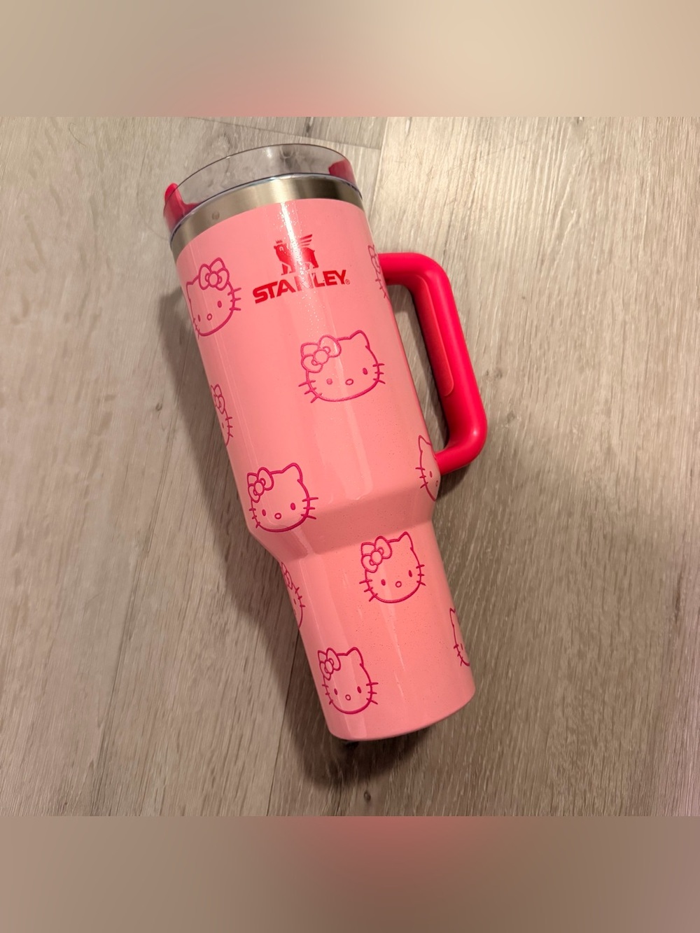 Cute Pink 40oz Tumbler with Handle – All Over Cartoon Kitty Print (No Straw)